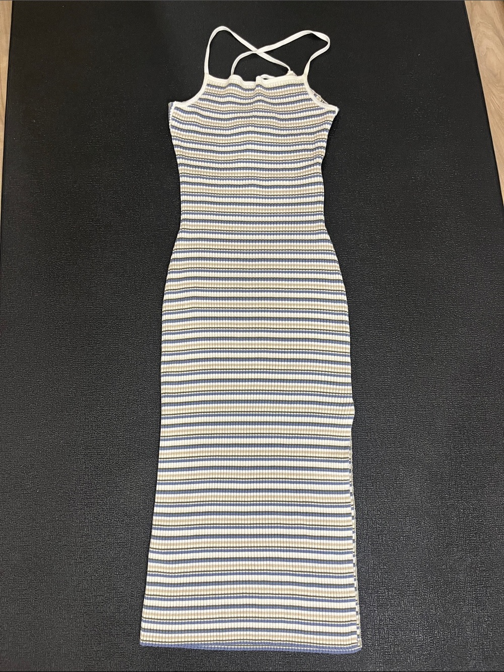 Abercrombie & Fitch Cream and Blue Striped Ribbed Midi Dress